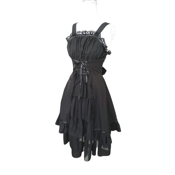 Coquette whimsigoth black midi dress tiered ruffled laced Lolita corsette XS/S - Picture 2 of 8